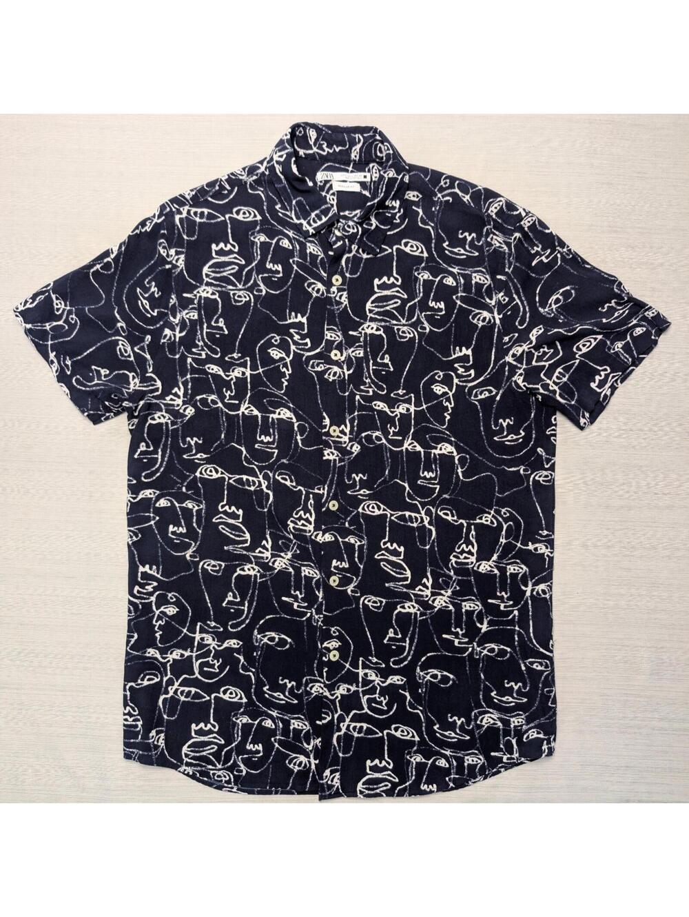 ZARA Mens Blue Faces Sketch Button Up Shirt Large